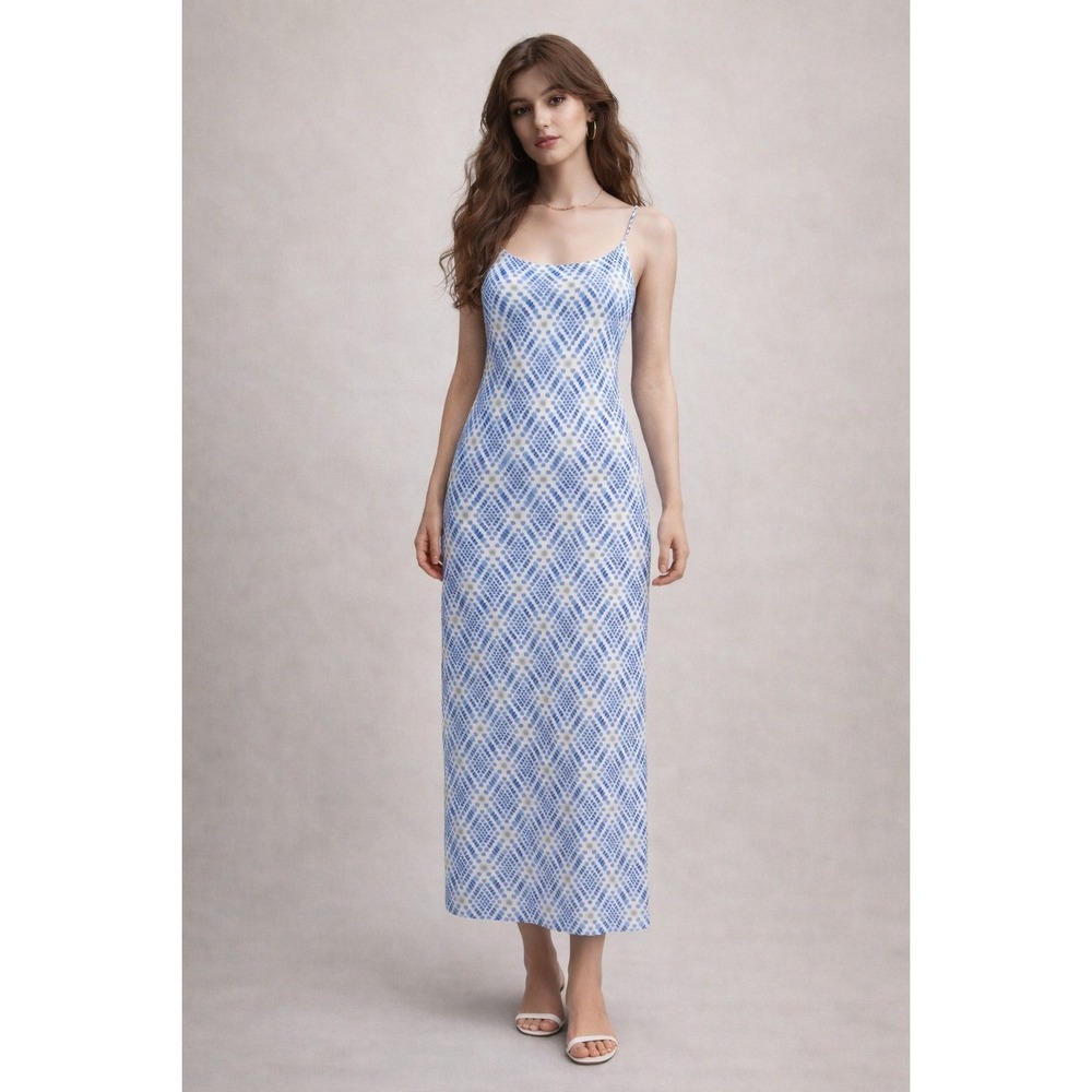 VTG 90s Y2K‎ Express Blue Geometric Polka Dot Spaghetti Strap Maxi Dress Small